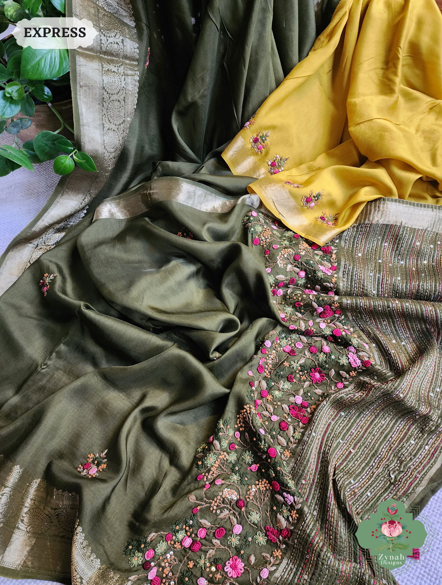 Zynah Olive Munga Silk Saree With Zari Border,French Knot & Kantha Hand Embroidery; Custom Stitched/Ready-made Blouse, Fall, Petticoat; SKU: 1111202403
