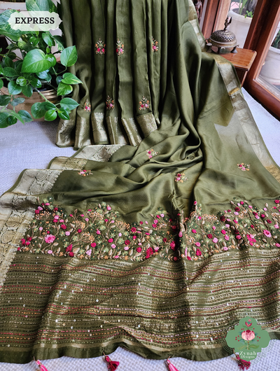 Zynah Olive Munga Silk Saree With Zari Border,French Knot & Kantha Hand Embroidery; Custom Stitched/Ready-made Blouse, Fall, Petticoat; SKU: 1111202403