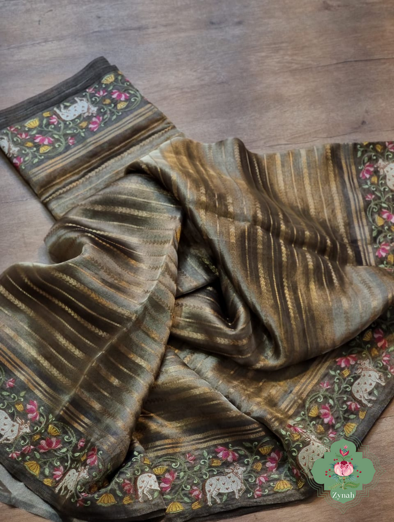 Olive Pure Silver Tissue Silk Saree With Banarasi Stripes, Katan Pallu & Pichwai Embroidery 0