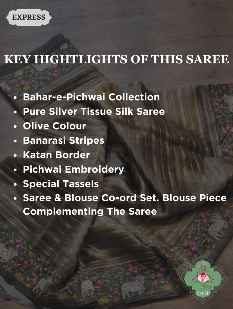 Olive Pure Silver Tissue Silk Saree With Banarasi Stripes, Katan Pallu & Pichwai Embroidery 1