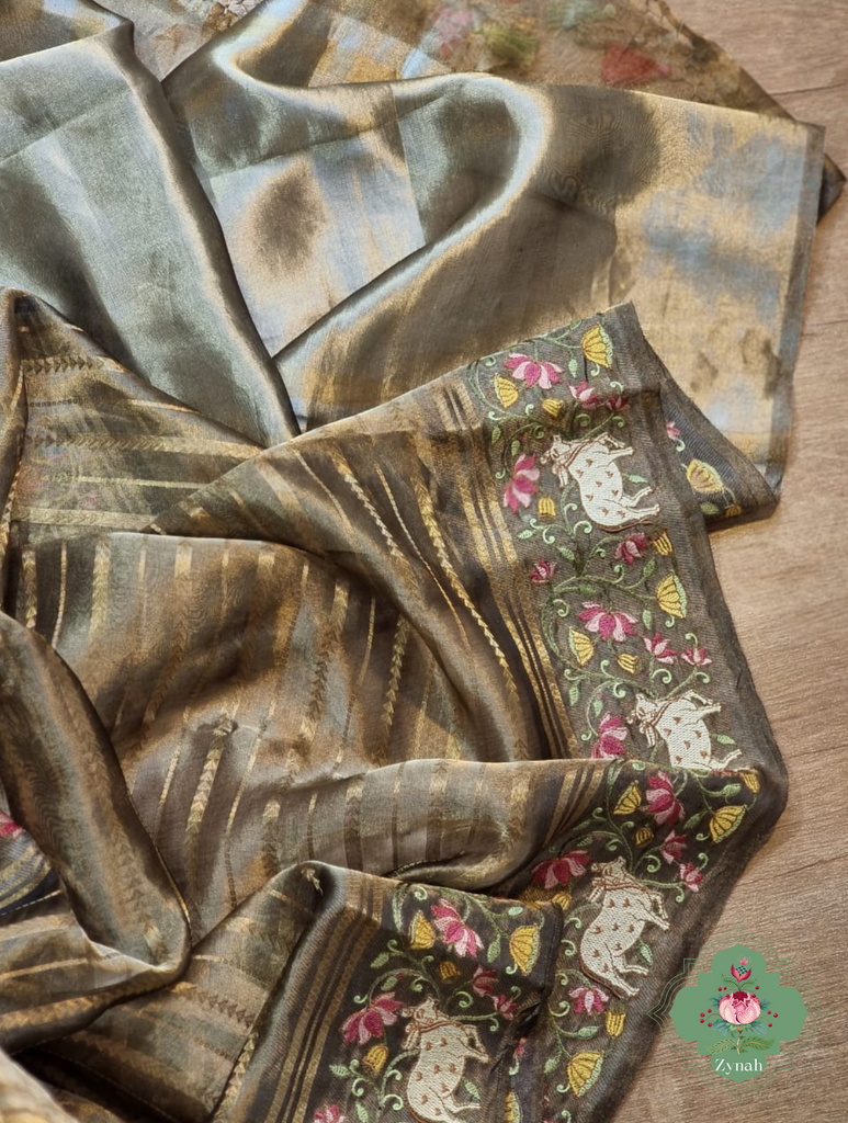 Olive Pure Silver Tissue Silk Saree With Banarasi Stripes, Katan Pallu & Pichwai Embroidery 2