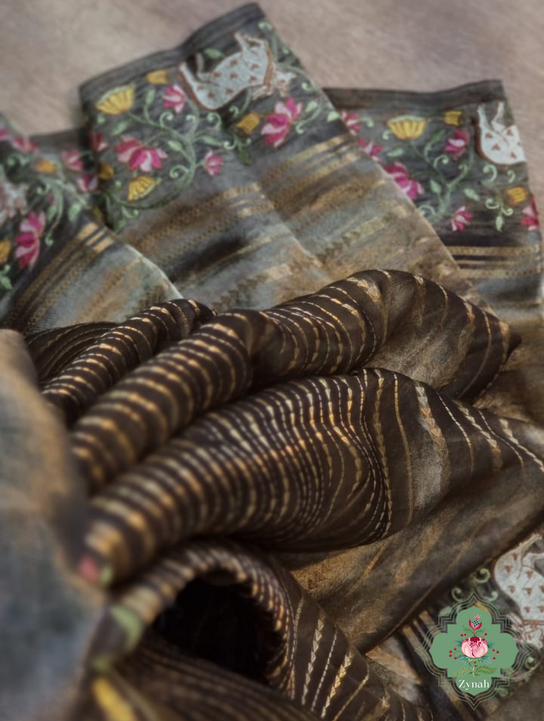Olive Pure Silver Tissue Silk Saree With Banarasi Stripes, Katan Pallu & Pichwai Embroidery 3