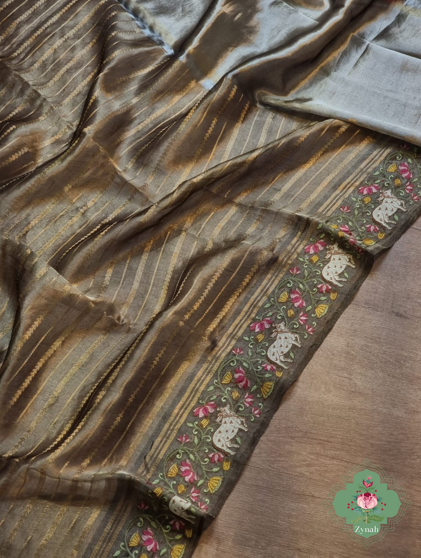 Olive Pure Silver Tissue Silk Saree With Banarasi Stripes, Katan Pallu & Pichwai Embroidery 4
