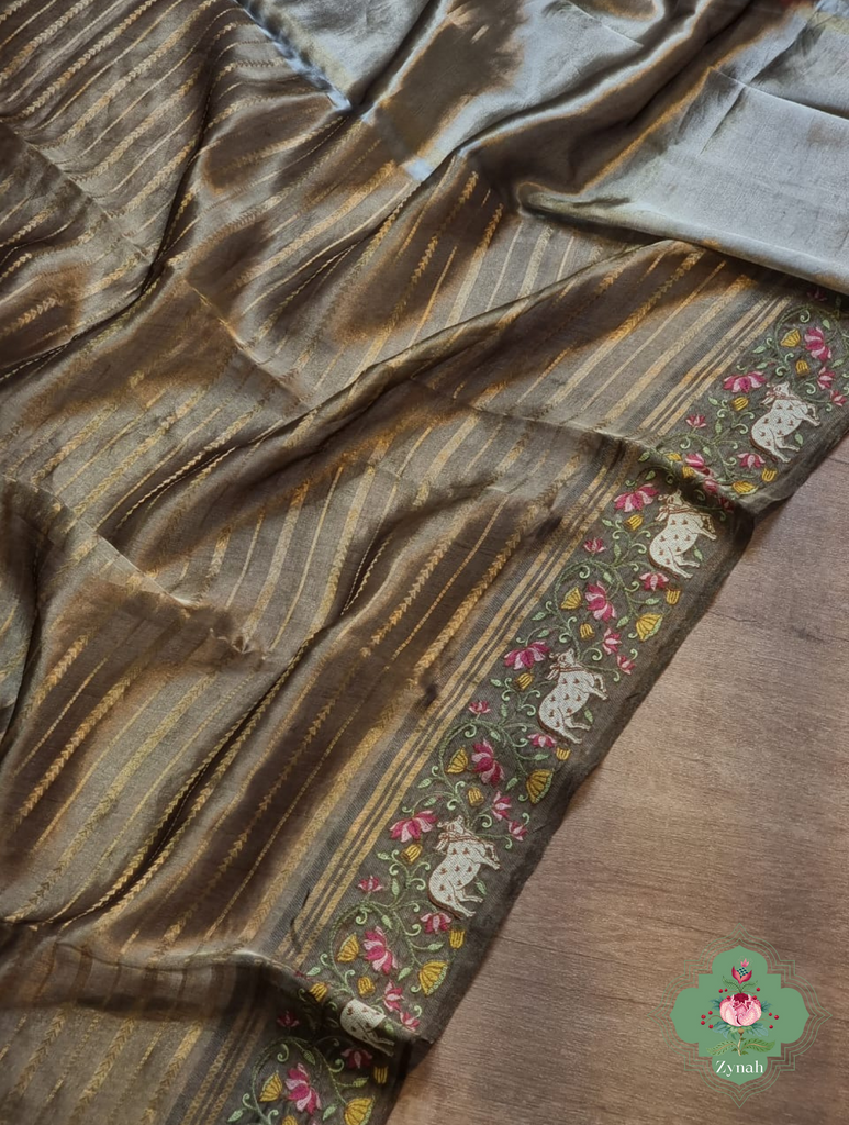 Olive Pure Silver Tissue Silk Saree With Banarasi Stripes, Katan Pallu & Pichwai Embroidery 4