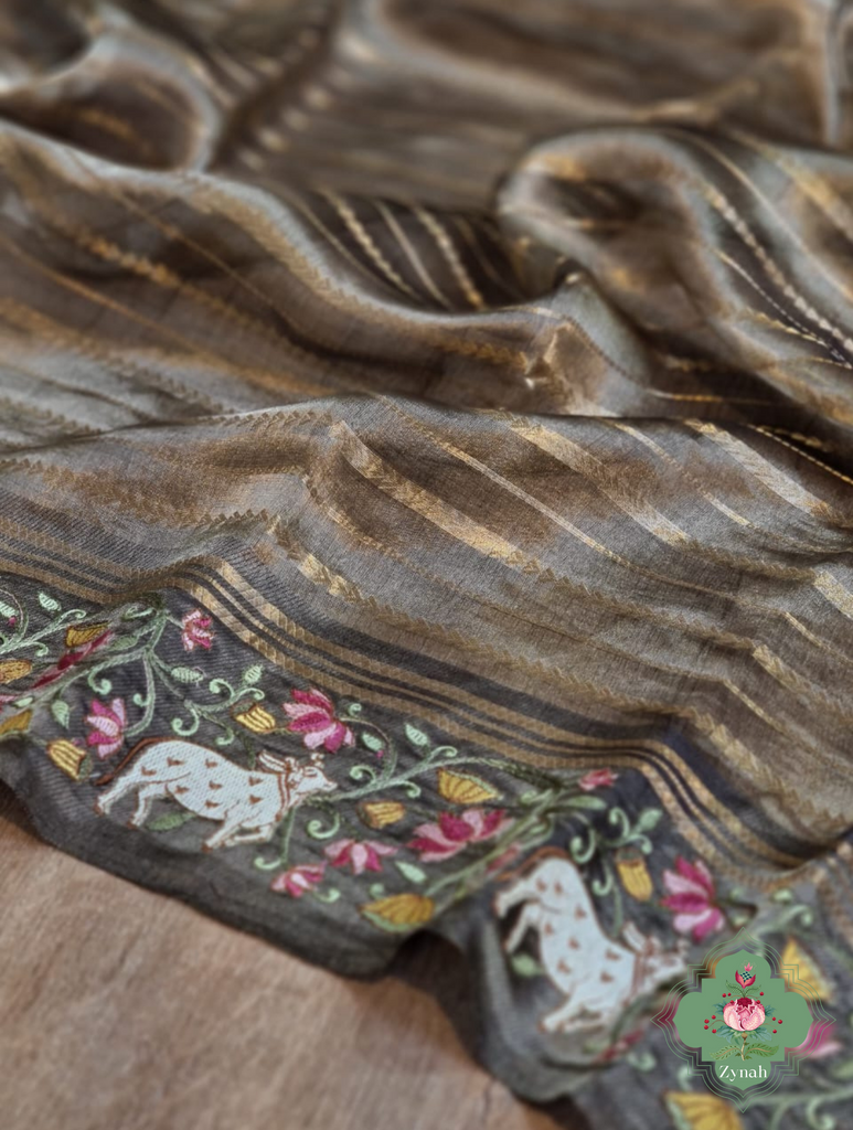 Olive Pure Silver Tissue Silk Saree With Banarasi Stripes, Katan Pallu & Pichwai Embroidery 5