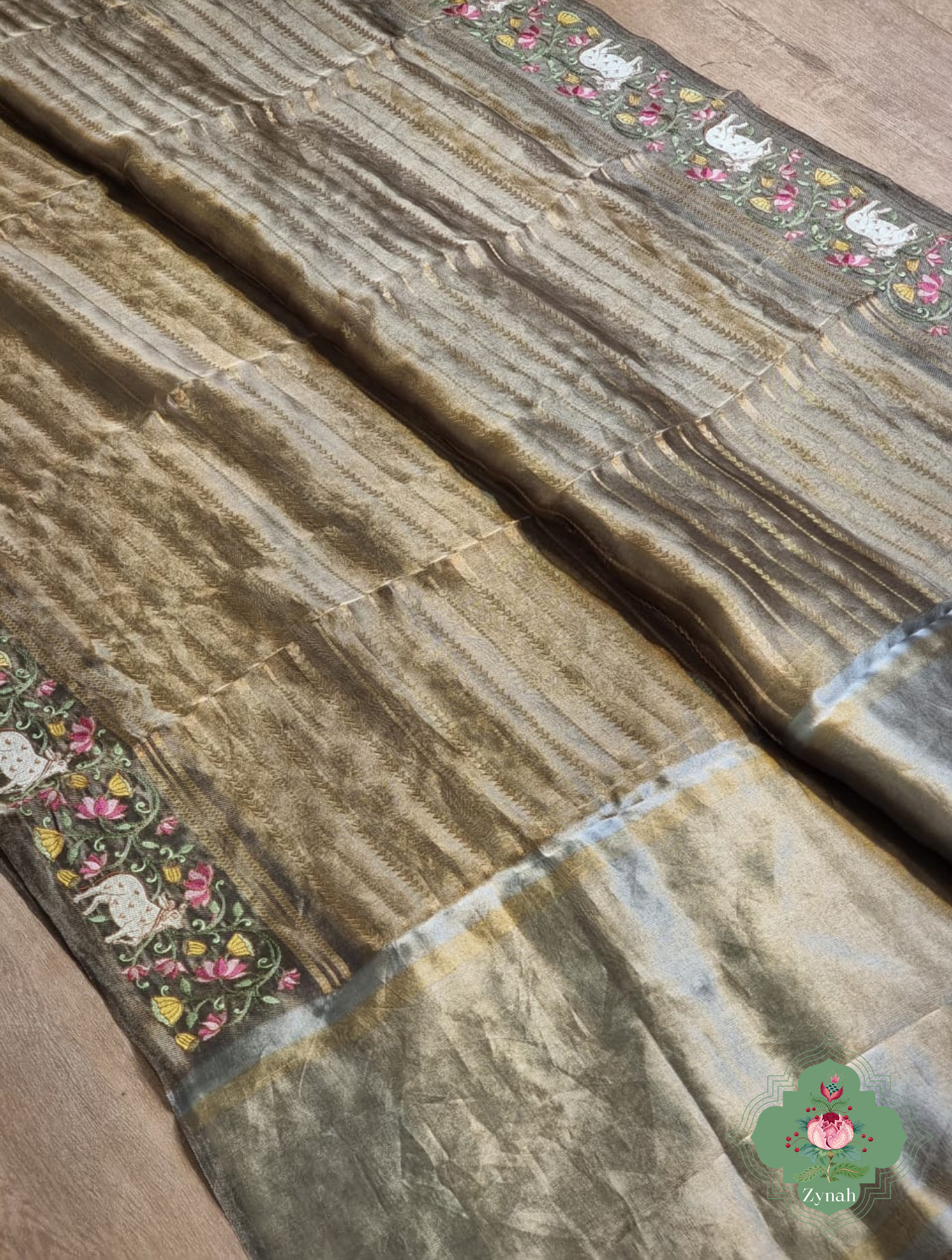 Olive Pure Silver Tissue Silk Saree With Banarasi Stripes, Katan Pallu & Pichwai Embroidery 6