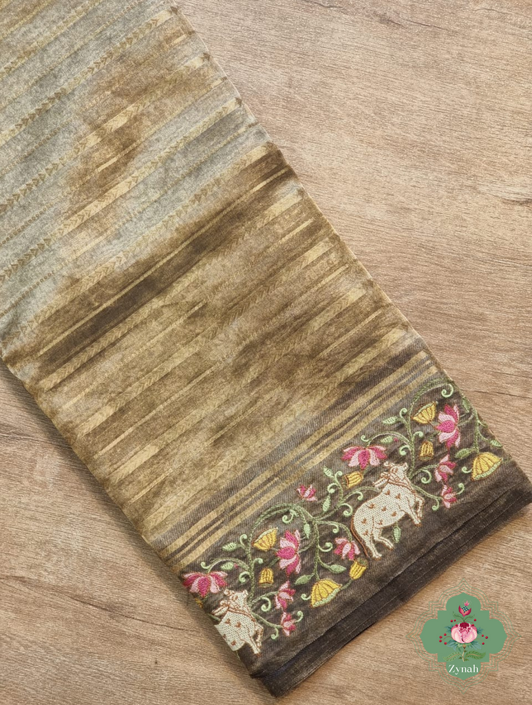 Olive Pure Silver Tissue Silk Saree With Banarasi Stripes, Katan Pallu & Pichwai Embroidery 7