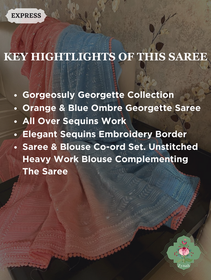 Blue / Orange Ombre Georgette Saree With All Over Sequins Work