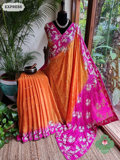 Zynah Made To Order Orange / Pink Pure Crepe Silk Hand Embroidered Authentic Parsi Gara Saree; Custom Stitched/Ready-made Blouse, Fall, Petticoat; SKU: 2008202506
