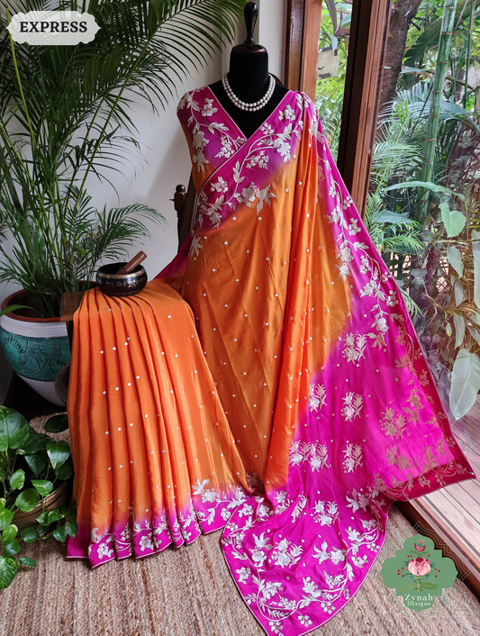 Zynah Made To Order Orange / Pink Pure Crepe Silk Hand Embroidered Authentic Parsi Gara Saree; Custom Stitched/Ready-made Blouse, Fall, Petticoat; SKU: 2008202506