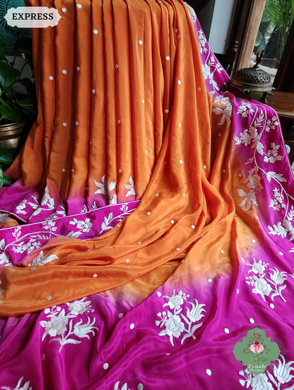 Zynah Made To Order Orange / Pink Pure Crepe Silk Hand Embroidered Authentic Parsi Gara Saree; Custom Stitched/Ready-made Blouse, Fall, Petticoat; SKU: 2008202506