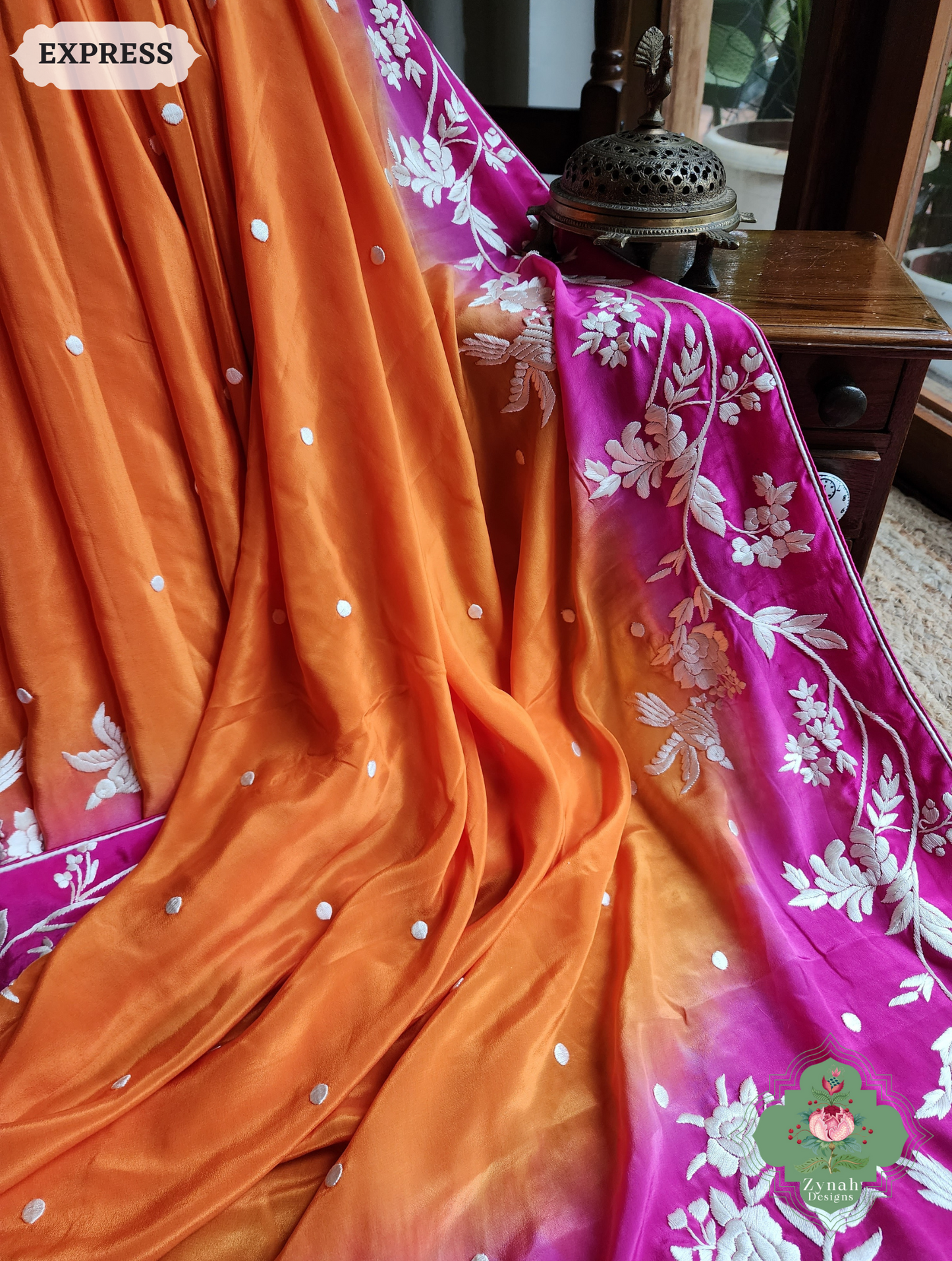 Zynah Made To Order Orange / Pink Pure Crepe Silk Hand Embroidered Authentic Parsi Gara Saree; Custom Stitched/Ready-made Blouse, Fall, Petticoat; SKU: 2008202506