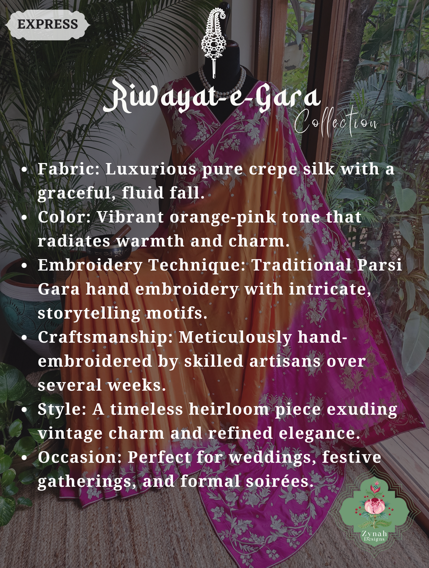 Zynah Made To Order Orange / Pink Pure Crepe Silk Hand Embroidered Authentic Parsi Gara Saree; Custom Stitched/Ready-made Blouse, Fall, Petticoat; SKU: 2008202506