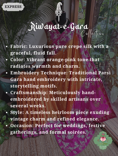 Zynah Orange / Pink Pure Crepe Silk Hand Embroidered Authentic Parsi Gara Saree; Custom Stitched/Ready-made Blouse, Fall, Petticoat; SKU: 2008202506