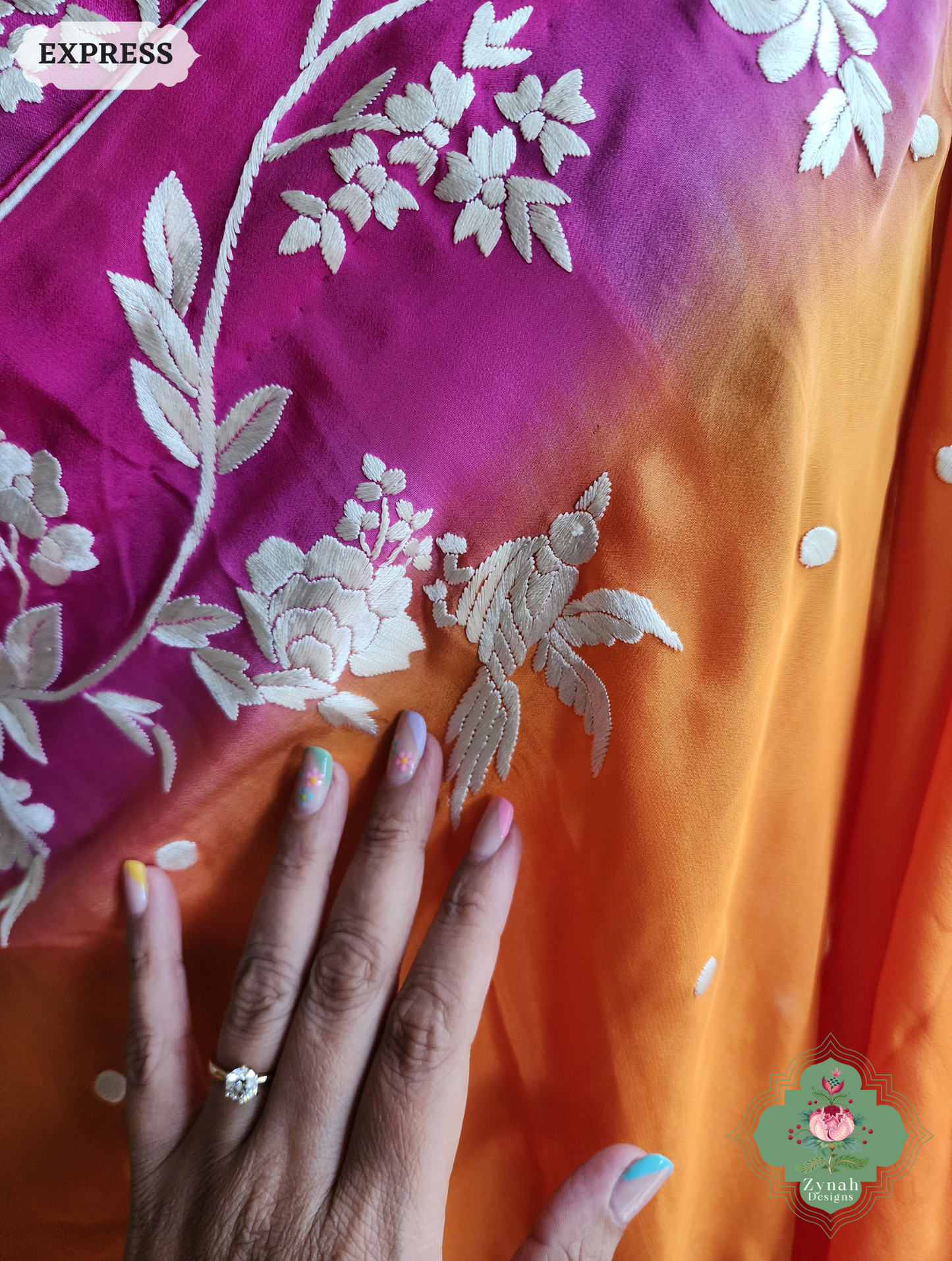 Zynah Made To Order Orange / Pink Pure Crepe Silk Hand Embroidered Authentic Parsi Gara Saree; Custom Stitched/Ready-made Blouse, Fall, Petticoat; SKU: 2008202506