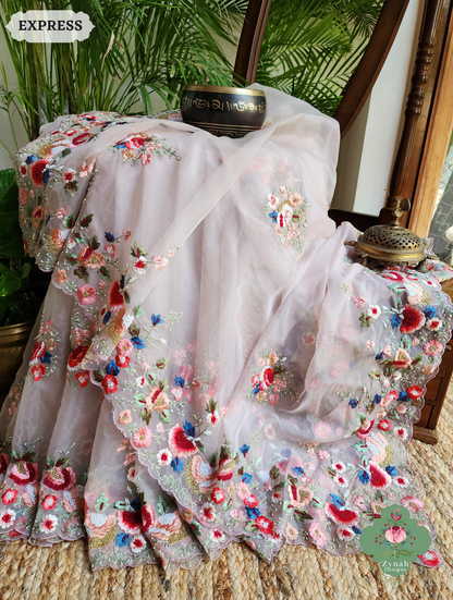 Zynah Orchid Pink Organza Silk Saree With Delicate Floral Border & Allover Big Butis Embroidery & Hand Embellished With Pearls & Cutdana Bead; Custom Stitched/Ready-made Blouse, Fall, Petticoat; SKU: 0503202503