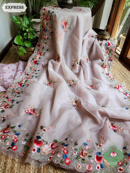 Zynah Orchid Pink Organza Silk Saree With Delicate Floral Border & Allover Big Butis Embroidery & Hand Embellished With Pearls & Cutdana Bead; Custom Stitched/Ready-made Blouse, Fall, Petticoat; SKU: 0503202503