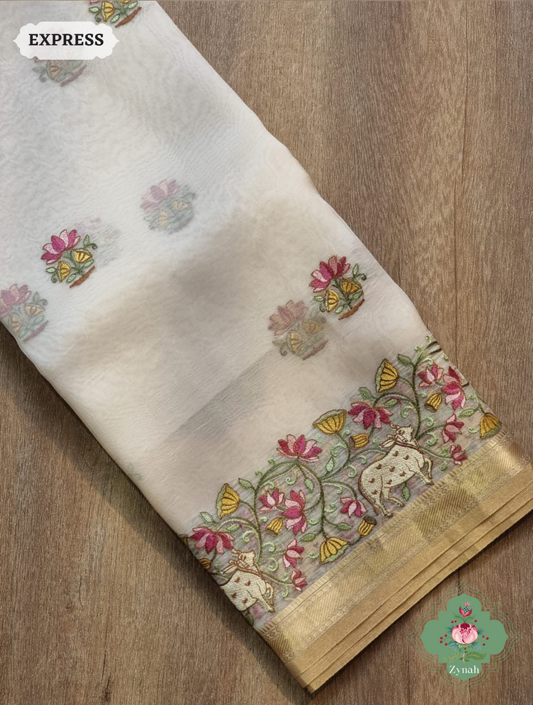 Off White Pure Organza Silk Saree With Pichwai Embroidery & Multicolor Tassels On Pallu 10