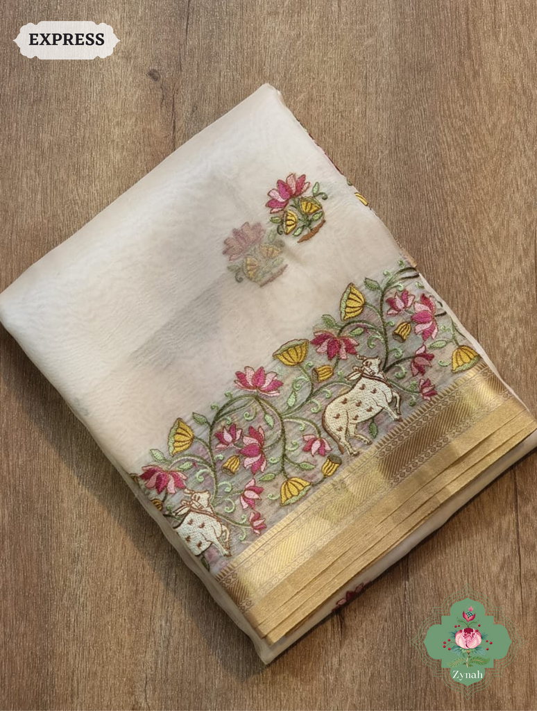 Off White Pure Organza Silk Saree With Pichwai Embroidery & Multicolor Tassels On Pallu 11