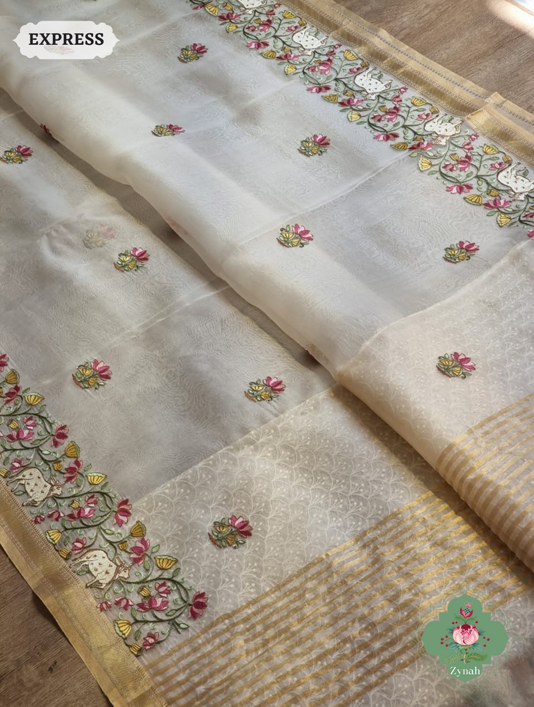 Off White Pure Organza Silk Saree With Pichwai Embroidery & Multicolor Tassels On Pallu 1