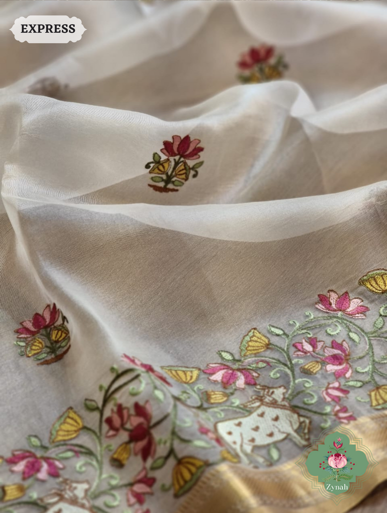 Off White Pure Organza Silk Saree With Pichwai Embroidery & Multicolor Tassels On Pallu 4