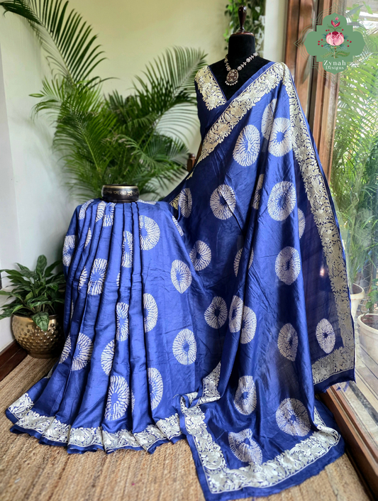 Parinaaz | Blue Pure Tussar Silk Parsi Gara Saree With Hand Embroidery & All Over Shibori