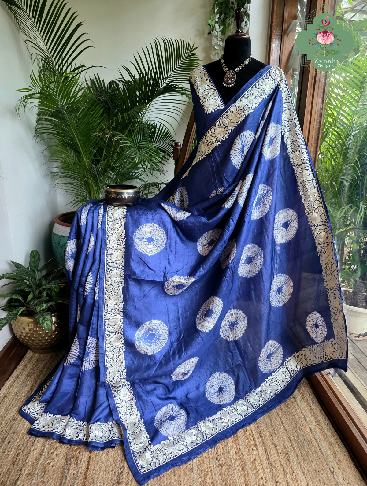 Parinaaz | Blue Pure Tussar Silk Parsi Gara Saree With Hand Embroidery & All Over Shibori
