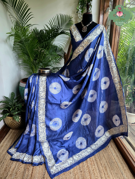 Parinaaz | Blue Pure Tussar Silk Parsi Gara Saree With Hand Embroidery & All Over Shibori