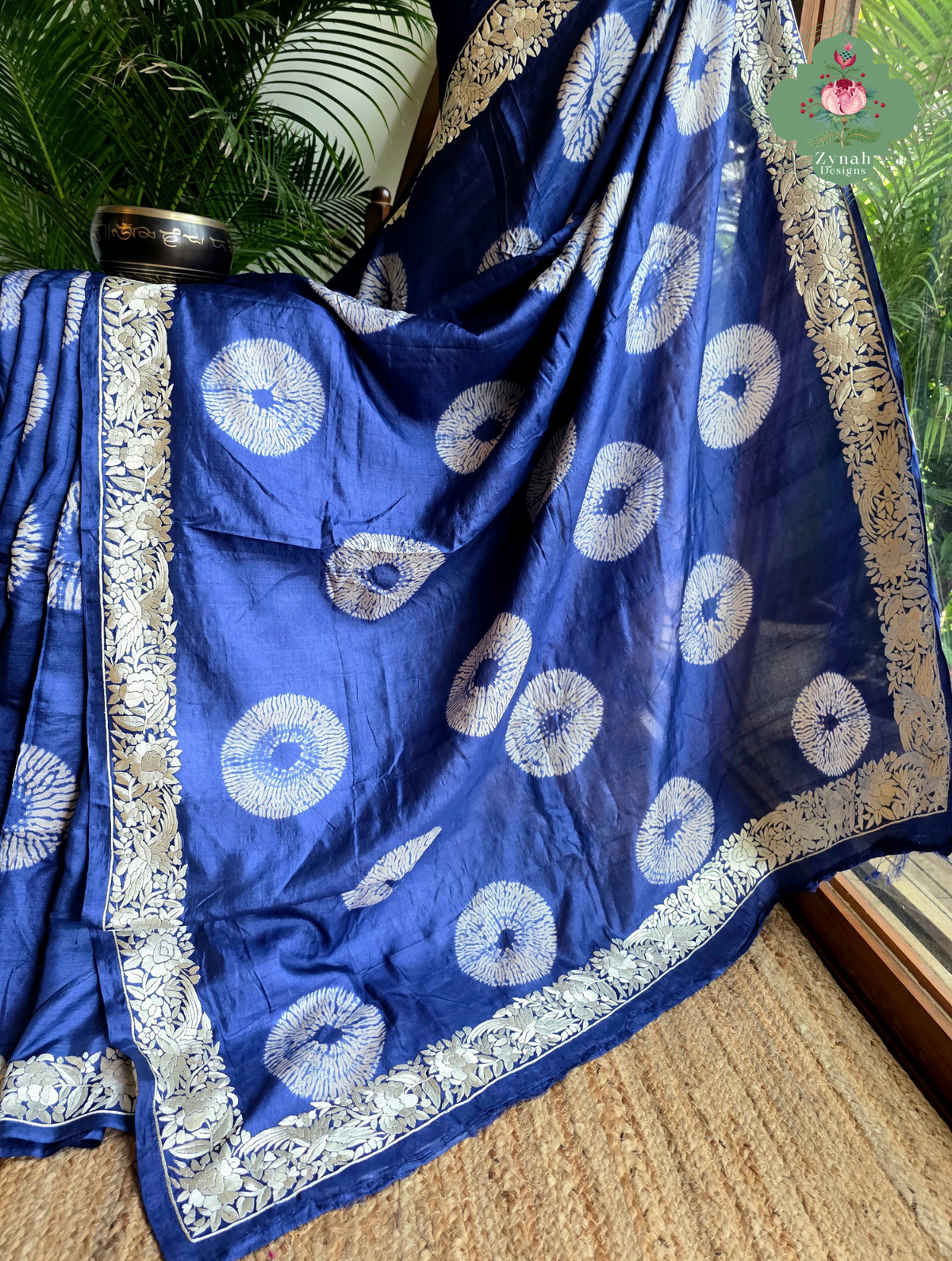 Parinaaz | Blue Pure Tussar Silk Parsi Gara Saree With Hand Embroidery & All Over Shibori