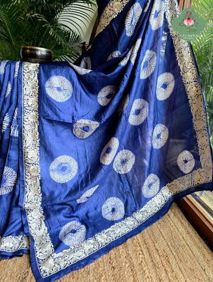 Parinaaz | Blue Pure Tussar Silk Parsi Gara Saree With Hand Embroidery & All Over Shibori