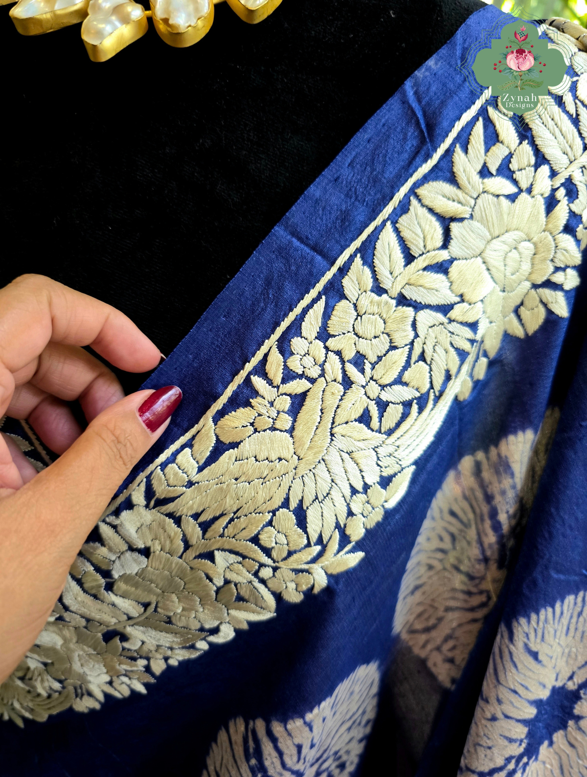 Parinaaz | Blue Pure Tussar Silk Parsi Gara Saree With Hand Embroidery & All Over Shibori