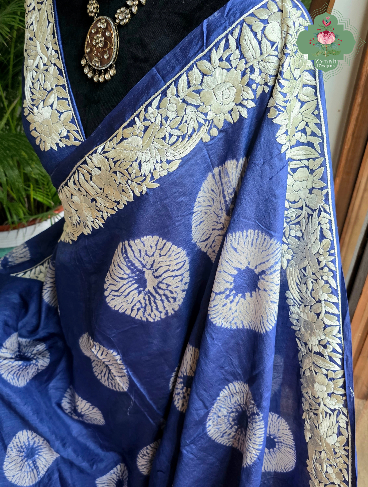 Parinaaz | Blue Pure Tussar Silk Parsi Gara Saree With Hand Embroidery & All Over Shibori