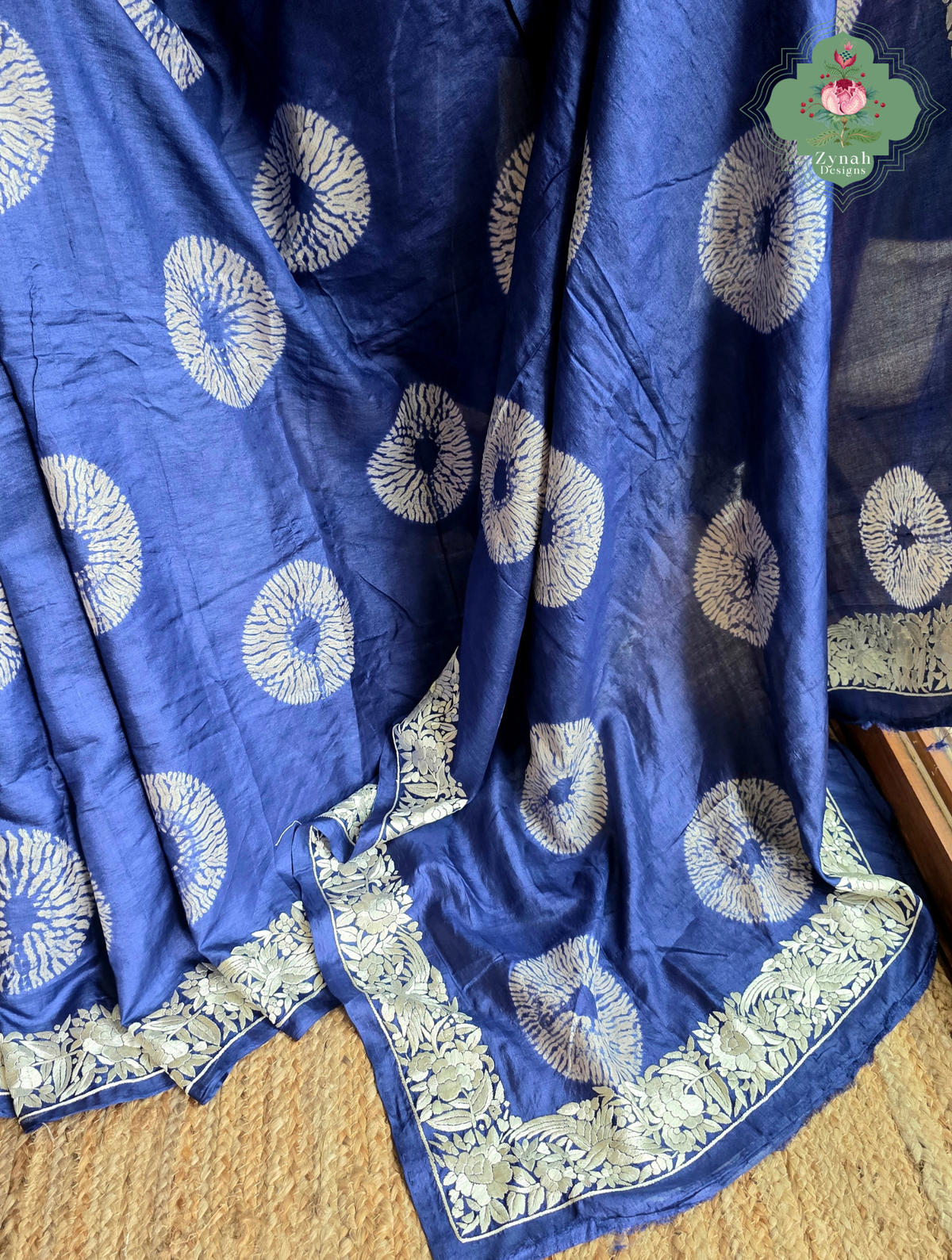Parinaaz | Blue Pure Tussar Silk Parsi Gara Saree With Hand Embroidery & All Over Shibori