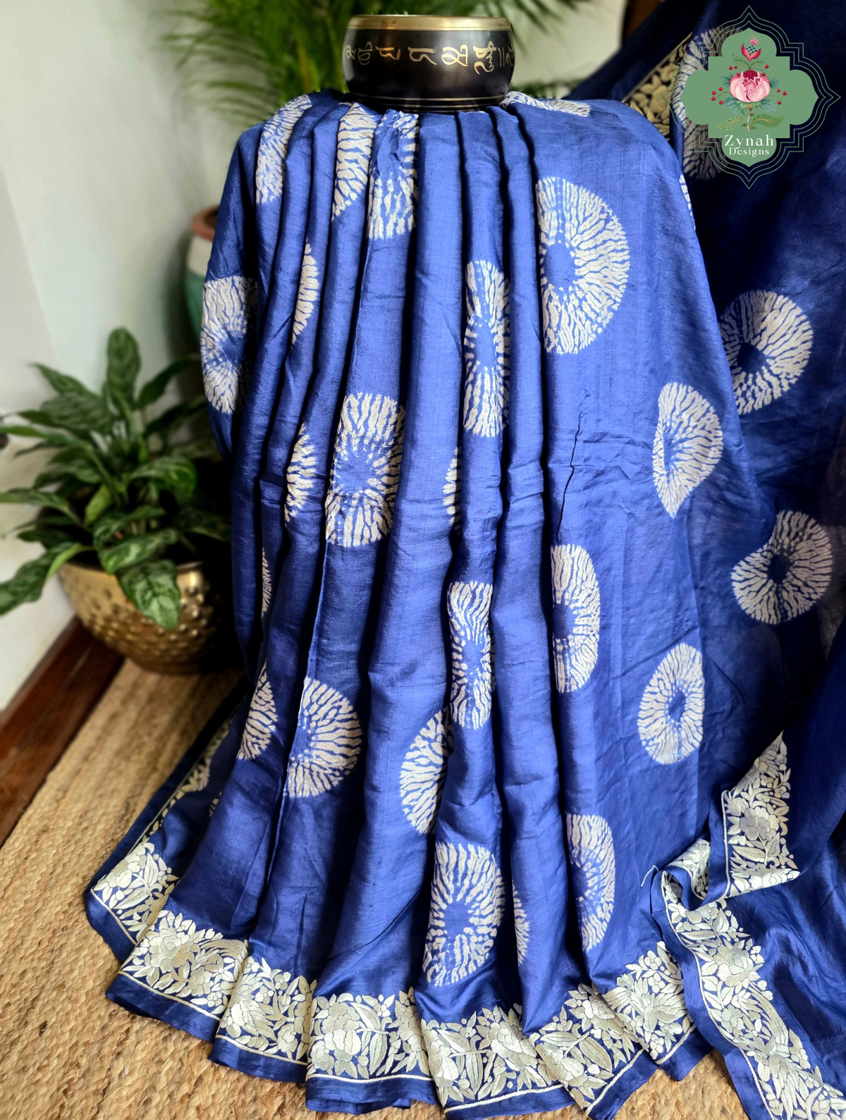 Parinaaz | Blue Pure Tussar Silk Parsi Gara Saree With Hand Embroidery & All Over Shibori