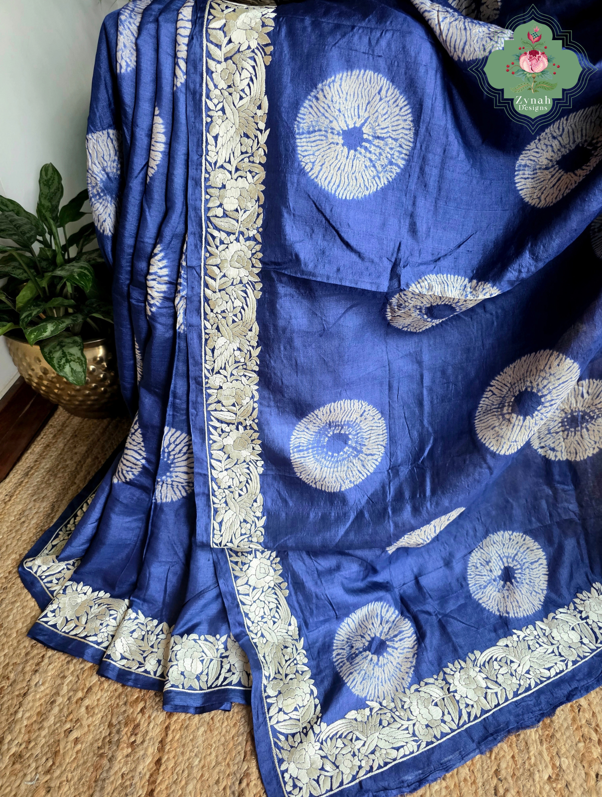 Parinaaz | Blue Pure Tussar Silk Parsi Gara Saree With Hand Embroidery & All Over Shibori