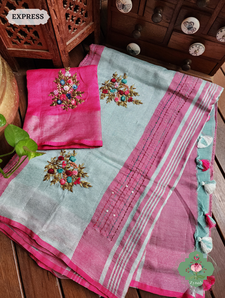 Blue Organic Linen Saree With Kalamkari Print 10