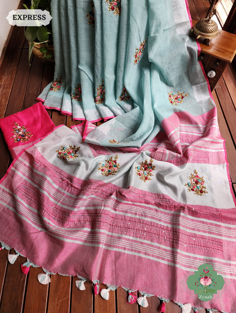 Blue Organic Linen Saree With Kalamkari Print 1