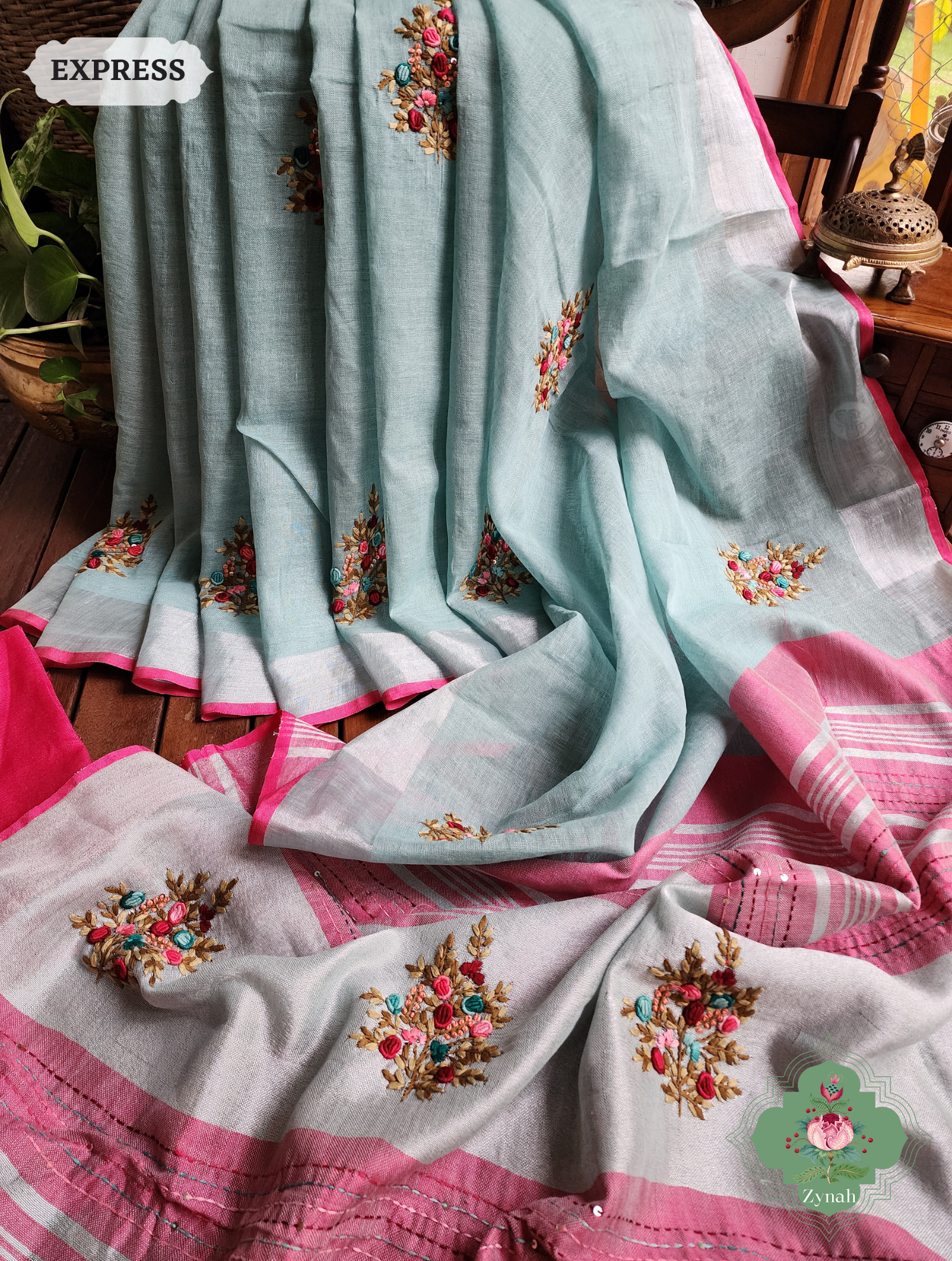 Blue Organic Linen Saree With Kalamkari Print 3