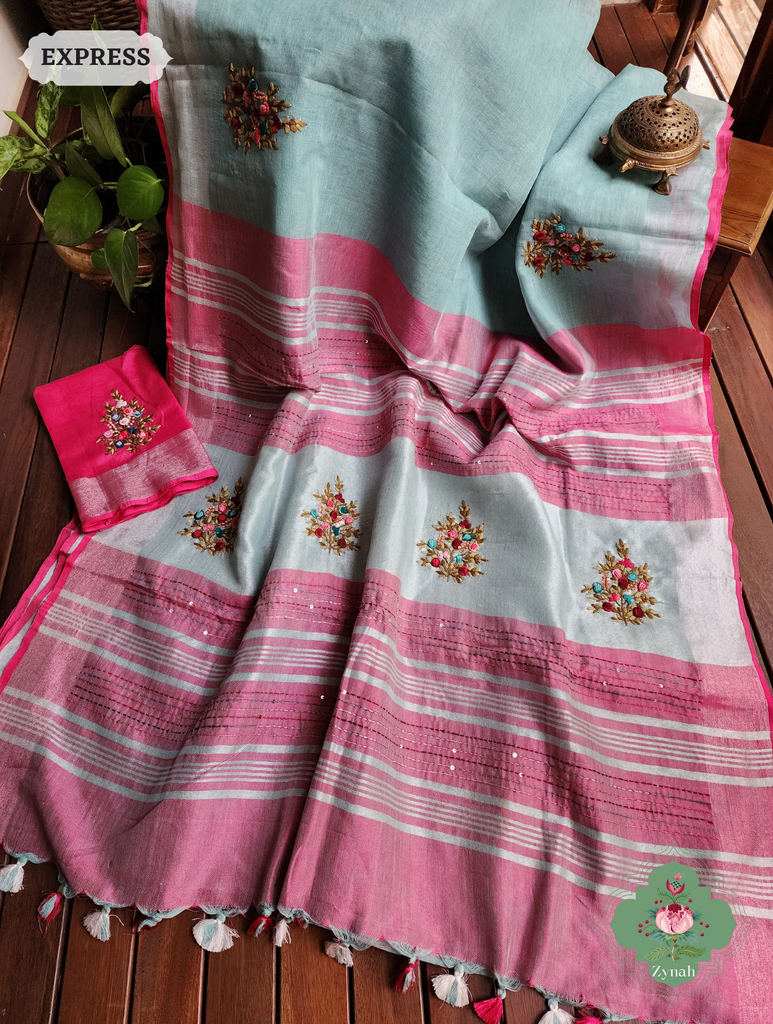Blue Organic Linen Saree With Kalamkari Print 5