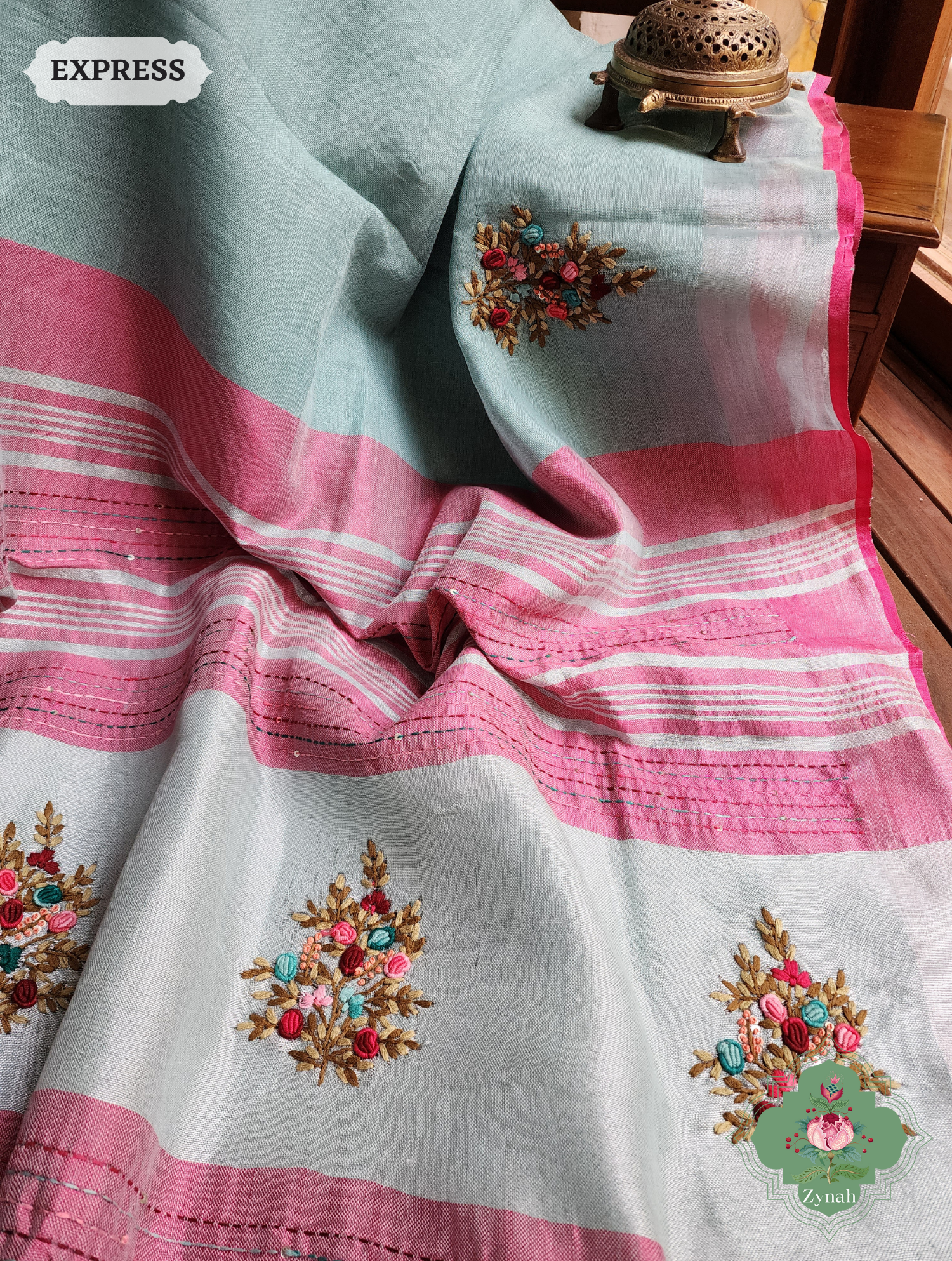 Blue Organic Linen Saree With Kalamkari Print 6