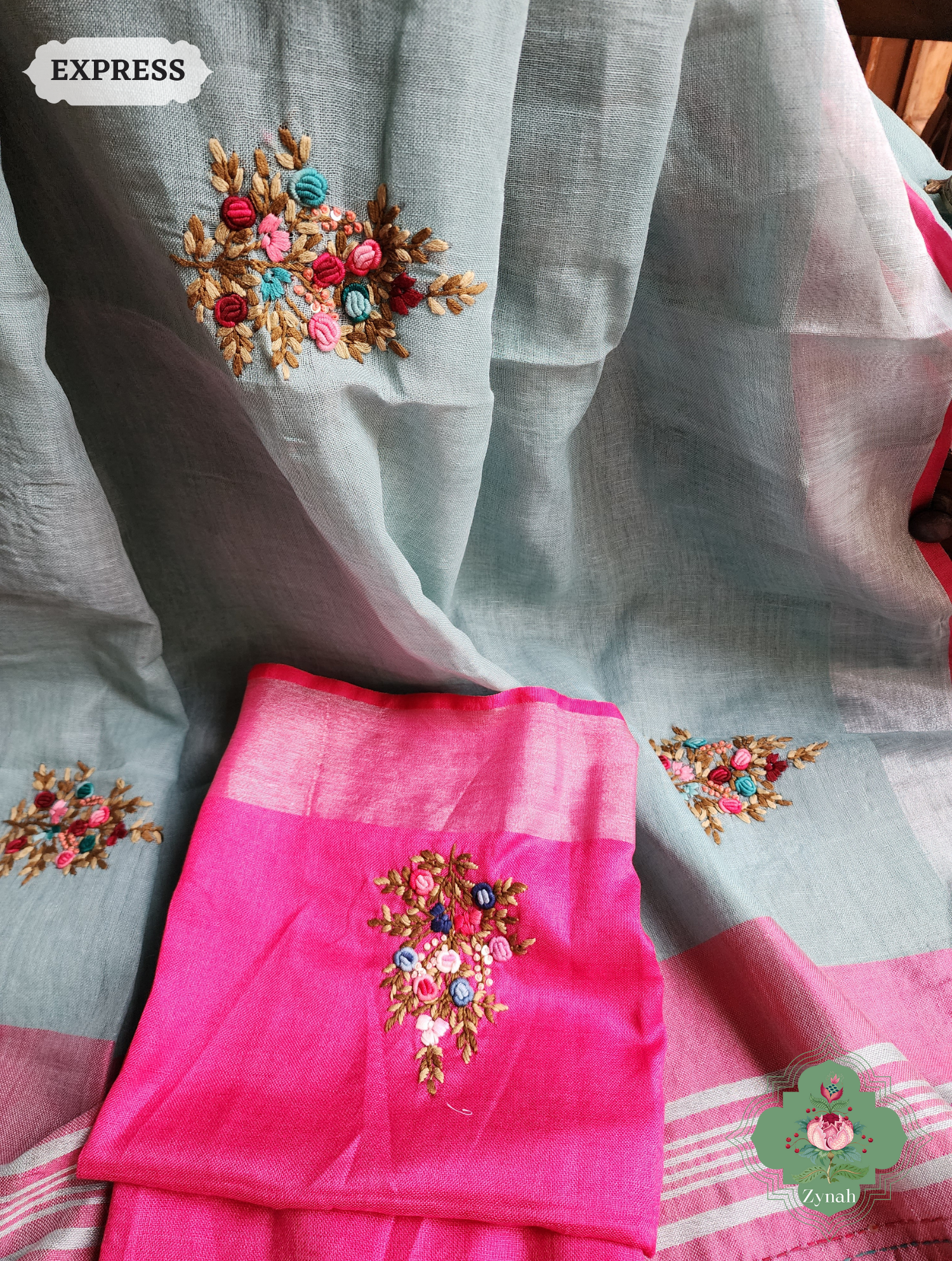 Blue Organic Linen Saree With Kalamkari Print 8