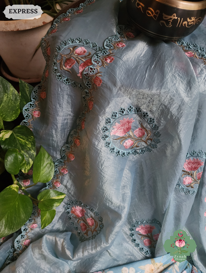 Zynah Pastel Blue Tissue Silk Cutwork Saree With Embroidery & Scalloped Border; Custom Stitched/Ready-made Blouse, Fall, Petticoat; SKU: 1212202401