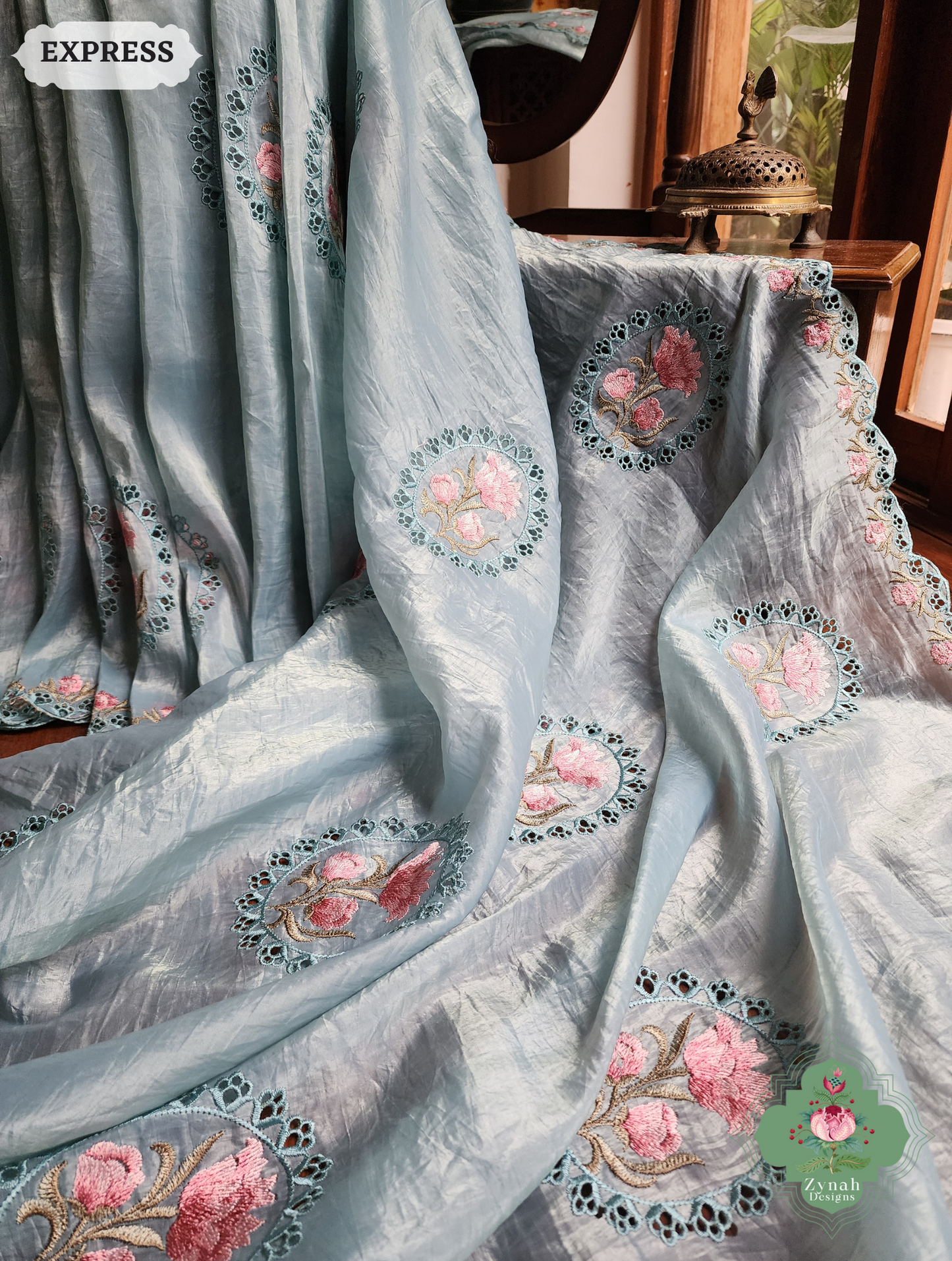 Zynah Pastel Blue Tissue Silk Cutwork Saree With Embroidery & Scalloped Border; Custom Stitched/Ready-made Blouse, Fall, Petticoat; SKU: 1212202401
