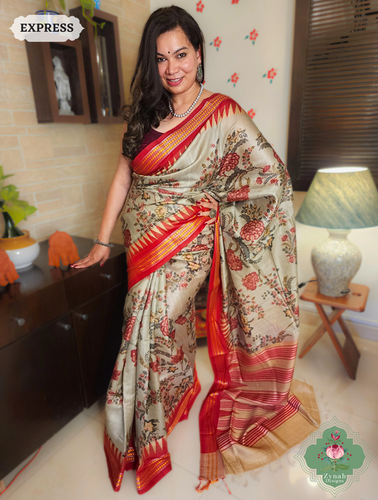 Zynah Kusumita – Pastel Green & Red Pure Tussar Silk Vidarbha Saree with Karvati Kinaar Border