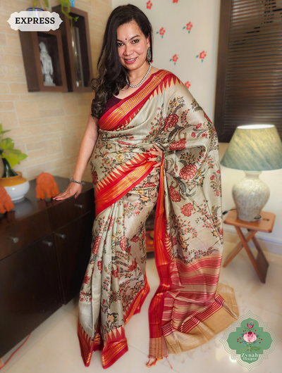 Zynah Pastel Green & Red Bold Floral Print Pure Tussar Silk Vidarbha Saree With Karvati Kinaar Border; Custom Stitched/Ready-made Blouse, Fall, Petticoat; SKU: 1909202402