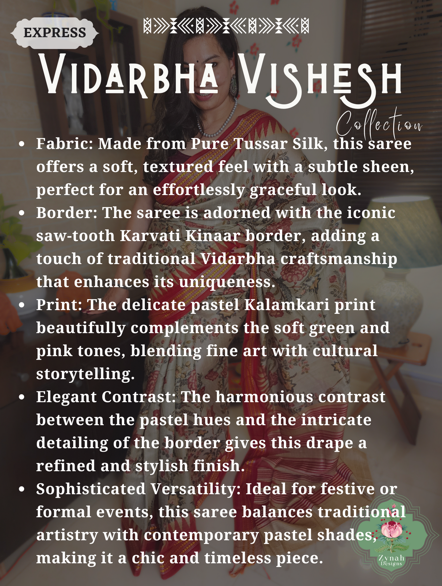 Zynah Kusumita – Pastel Green & Red Pure Tussar Silk Vidarbha Saree with Karvati Kinaar Border