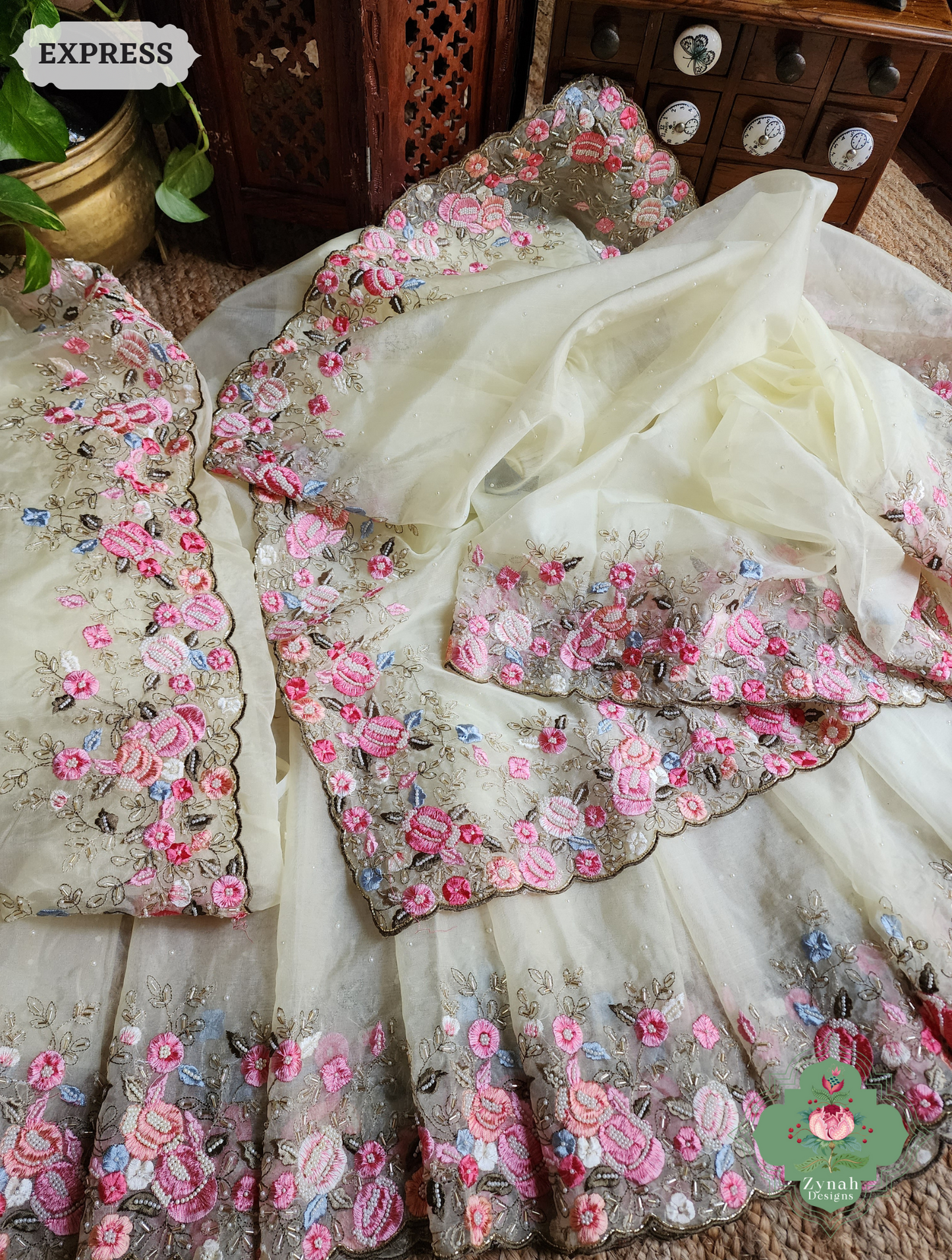 Zynah Pastel Lemon Yellow Organza Silk Saree With Delicate Floral Embroidery & Hand Embellished With Pearls & Cutdana Beads; Custom Stitched/Ready-made Blouse, Fall, Petticoat; SKU: 0503202501