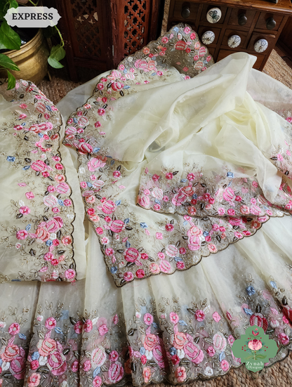 Zynah Pastel Lemon Yellow Organza Silk Saree With Delicate Floral Embroidery & Hand Embellished With Pearls & Cutdana Beads; Custom Stitched/Ready-made Blouse, Fall, Petticoat; SKU: 0503202501