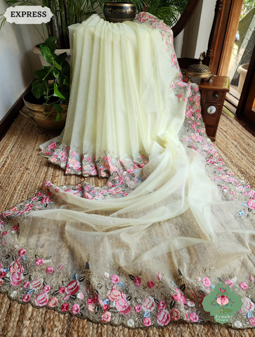 Zynah Pastel Lemon Yellow Organza Silk Saree With Delicate Floral Embroidery & Hand Embellished With Pearls & Cutdana Beads; Custom Stitched/Ready-made Blouse, Fall, Petticoat; SKU: 0503202501