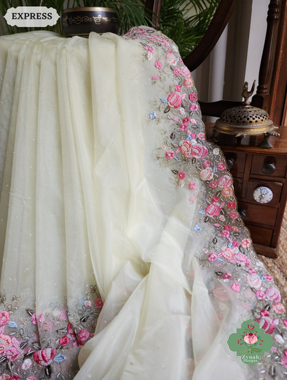 Zynah Pastel Lemon Yellow Organza Silk Saree With Delicate Floral Embroidery & Hand Embellished With Pearls & Cutdana Beads; Custom Stitched/Ready-made Blouse, Fall, Petticoat; SKU: 0503202501
